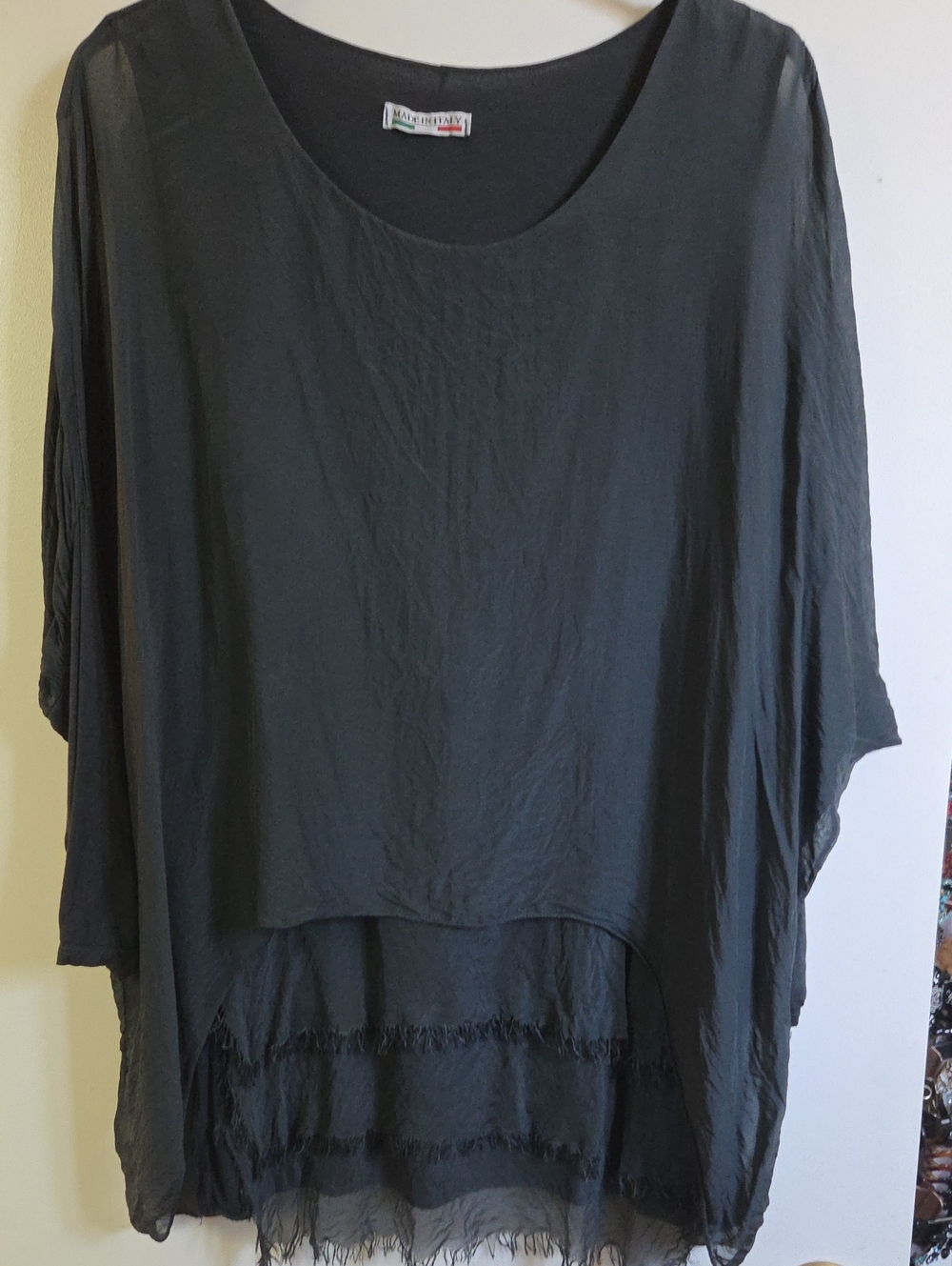 Made in Italy Silk Layered Fringe High-Low Tunic Blouse Charcoal Grey OS (M-L)